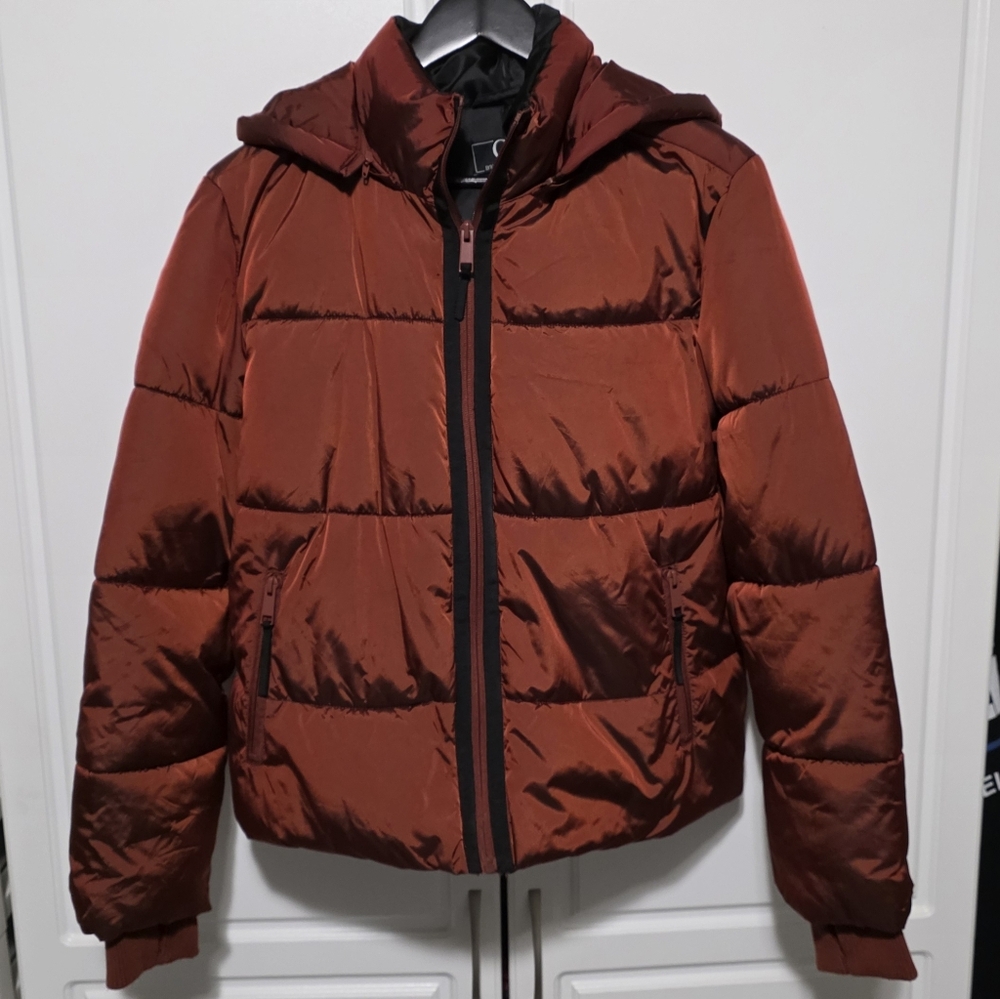 G by Guiliana Womens Puffer Jacket Zip Up Detachable Hoodie Copper Burnt Orange - Picture 2 of 15
